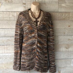 Mohair Cream, gray, brown gold variegated stripe knit V-neck cardigan Sweater